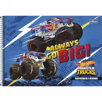 CADERNO DE CARTOGRAFIA E DESENHO ESPIRAL CAPA DURA HOT WHEELS MONSTER TRUCKS 80 FOLHAS