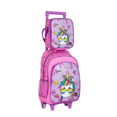 Mochila com carrinho - poliéster - 1 compart. + 2 bolsos laterais - magic - rosa e roxo