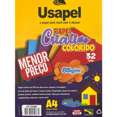 Papel Criativo 8 Cores A4 210mmx297mm 85g/m² Pct/32 Folhas Usapel