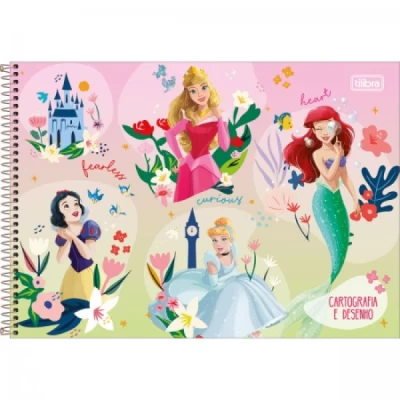 CADERNO DE CARTOGRAFIA E DESENHO ESPIRAL CAPA DURA PRINCESAS 80 FOLHAS