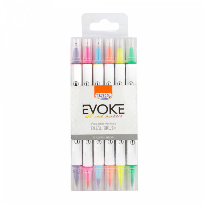 Marcador artístico evoke dual brush pen neon - blister c/ 6cores BRW BP1005