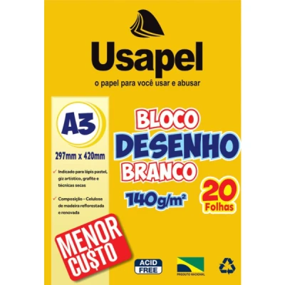 Bloco Desenho A3 140g/m² 20fls /Branco UP25059 - Usapel