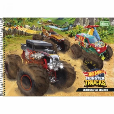 CADERNO DE CARTOGRAFIA E DESENHO ESPIRAL CAPA DURA HOT WHEELS MONSTER TRUCKS 80 FOLHAS